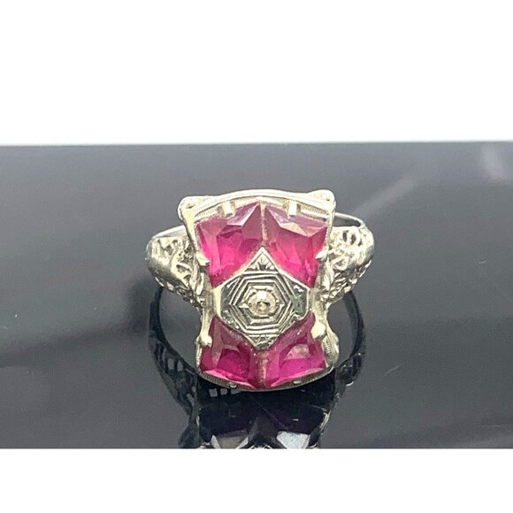 Filigree Pink Gemstone Diamond Cocktail Ring 14k White Gold Women's Size 8